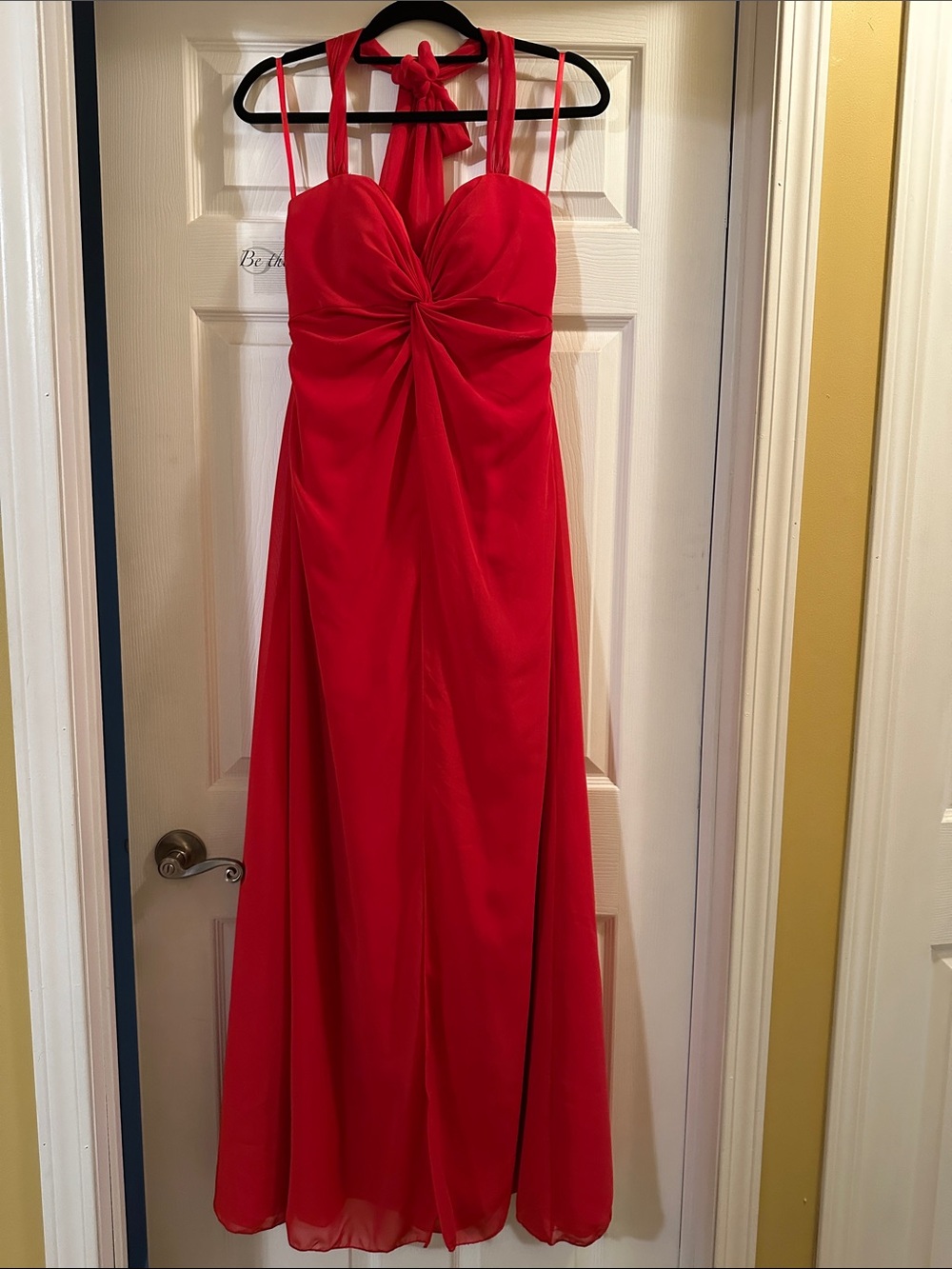 Classic Red Halter Maxi Dress with Twist Front and zipper back .
